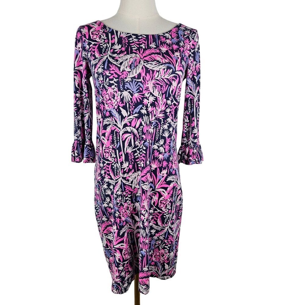 EUC Lilly Pulitzer Sophie Ruffle Dress Bright Navy Swing Of Things 3/4 Sleeve XS